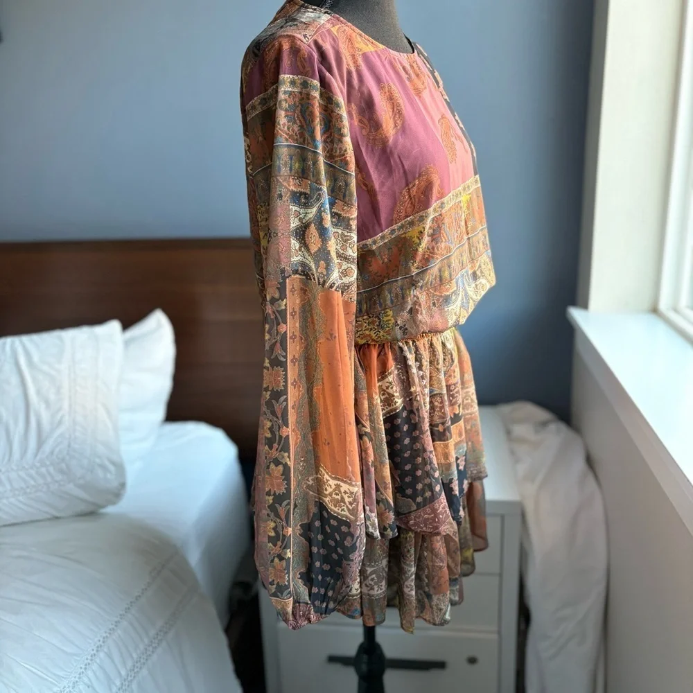NWT Bluivy Multicolored Patchwork Paisley Long Sleeve Short Romper Smocked Waist - Picture 5 of 17